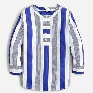 J. Crew NWT 100% Cotton Poplin Button Front Tunic Top blue white stripe blouse‎